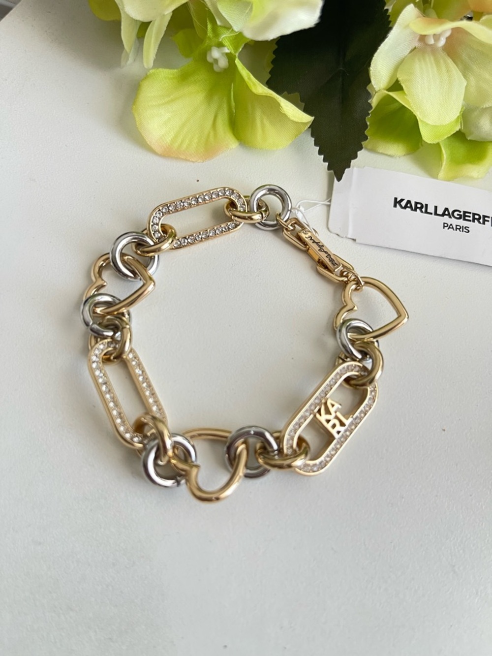 Karl Lagerfeld Gold and Silver Crystal Link Bracelet with KL Charm